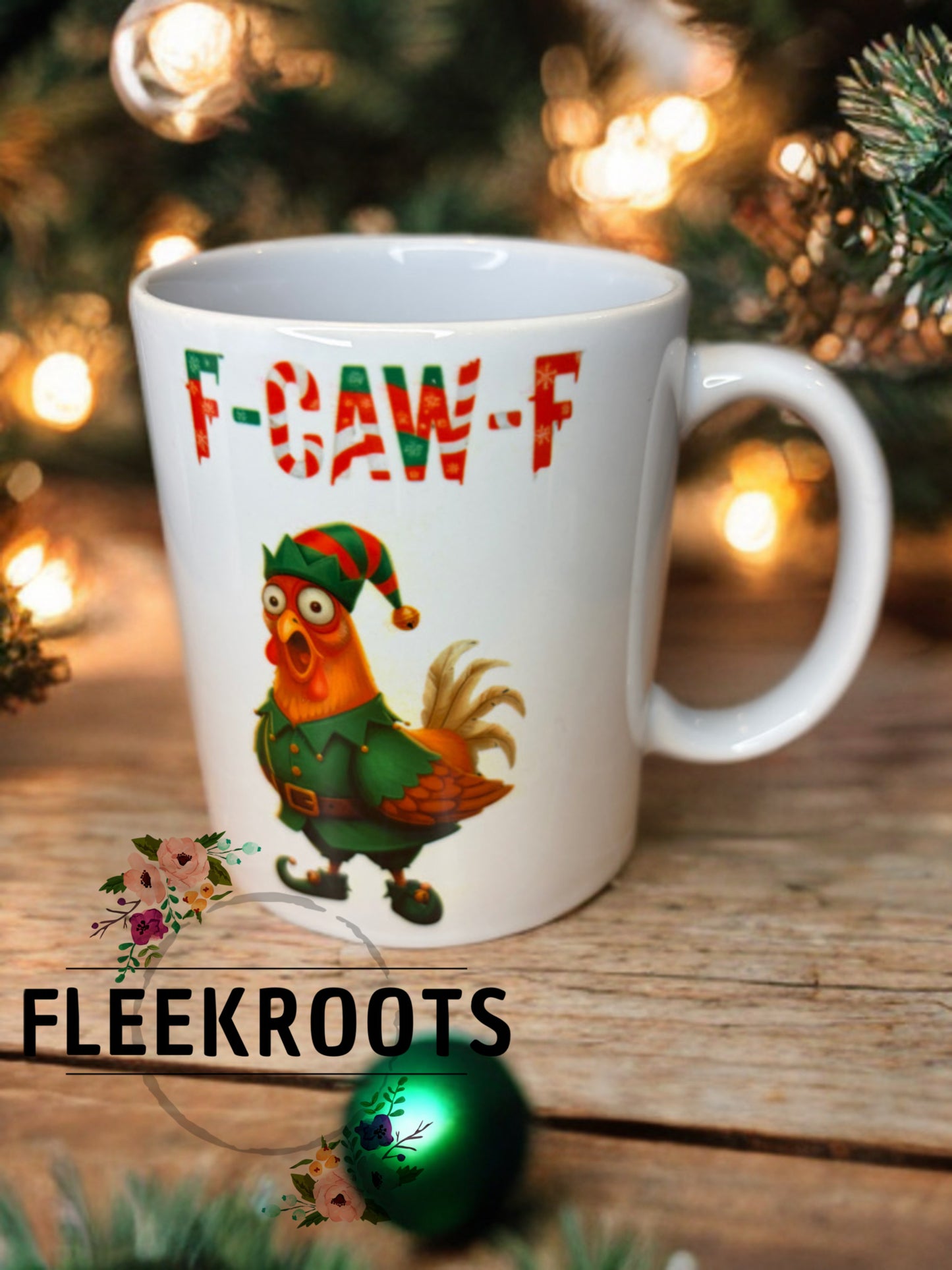One-of-a-Kind “F-Caw-F” Christmas Rooster Elf Mug