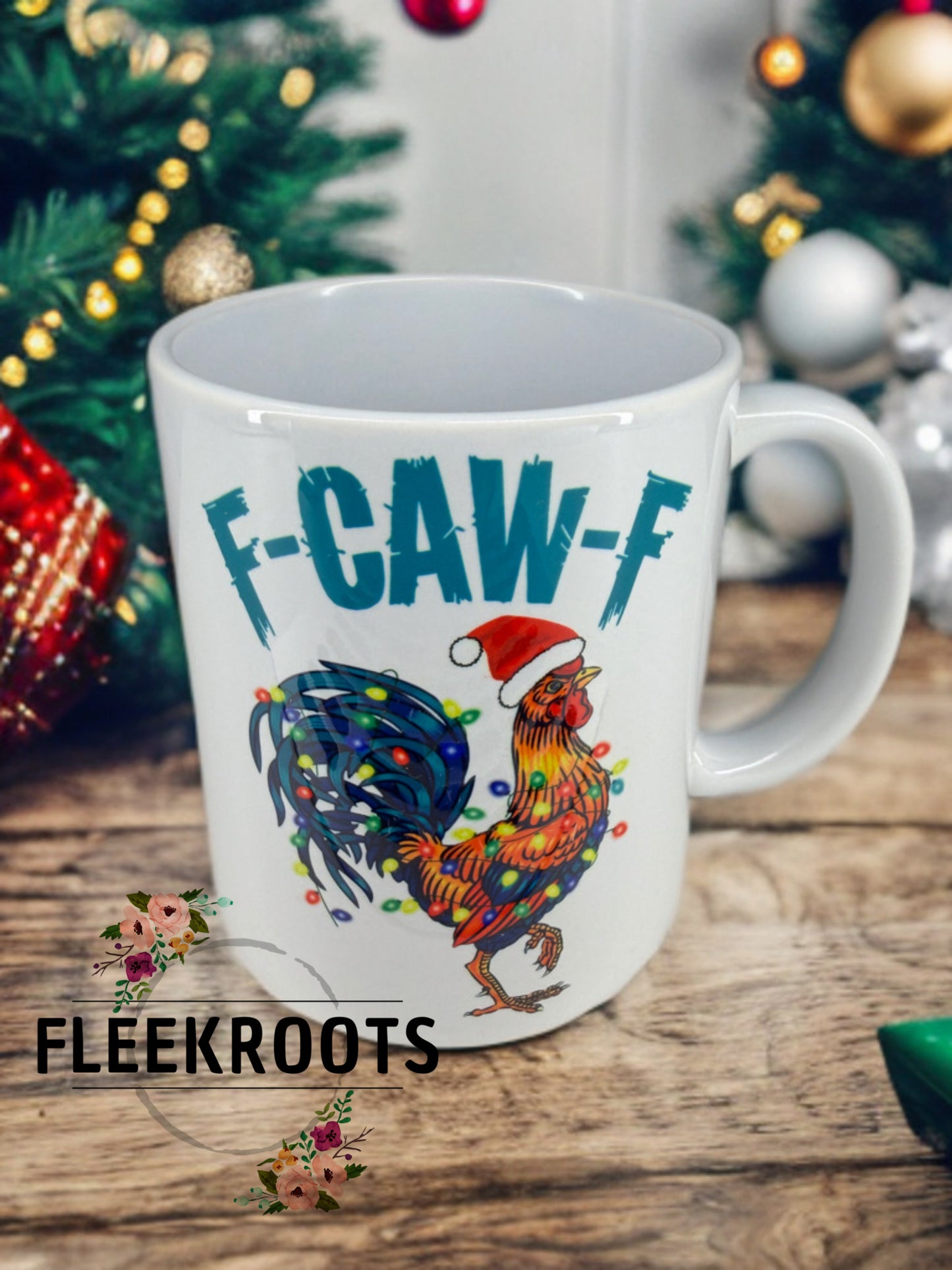 Festive “F-Caw-F” Rooster Christmas Mug – White Ceramic