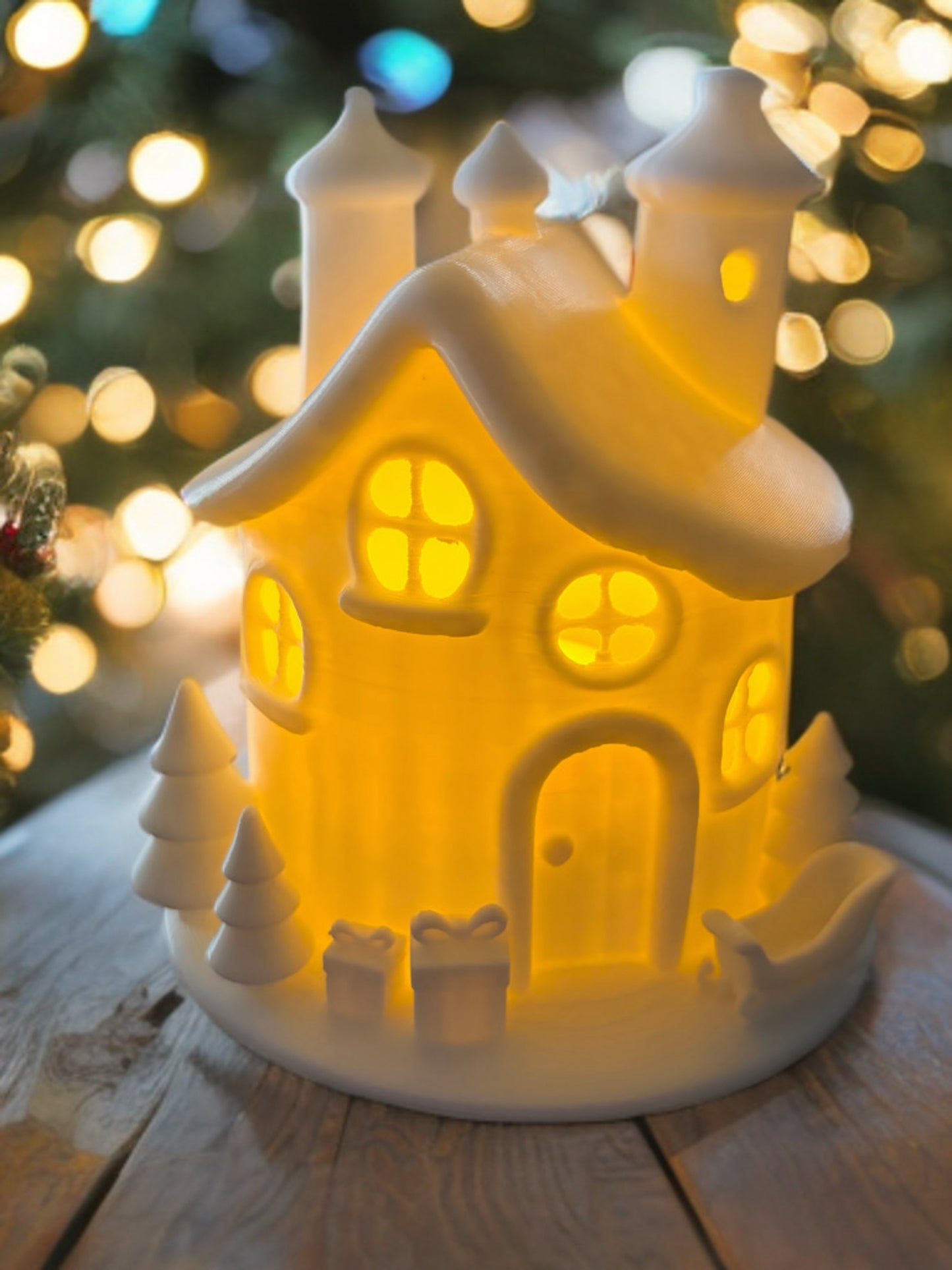 Christmas Luminary House (Sleigh, Presents, Trees)– Matte White