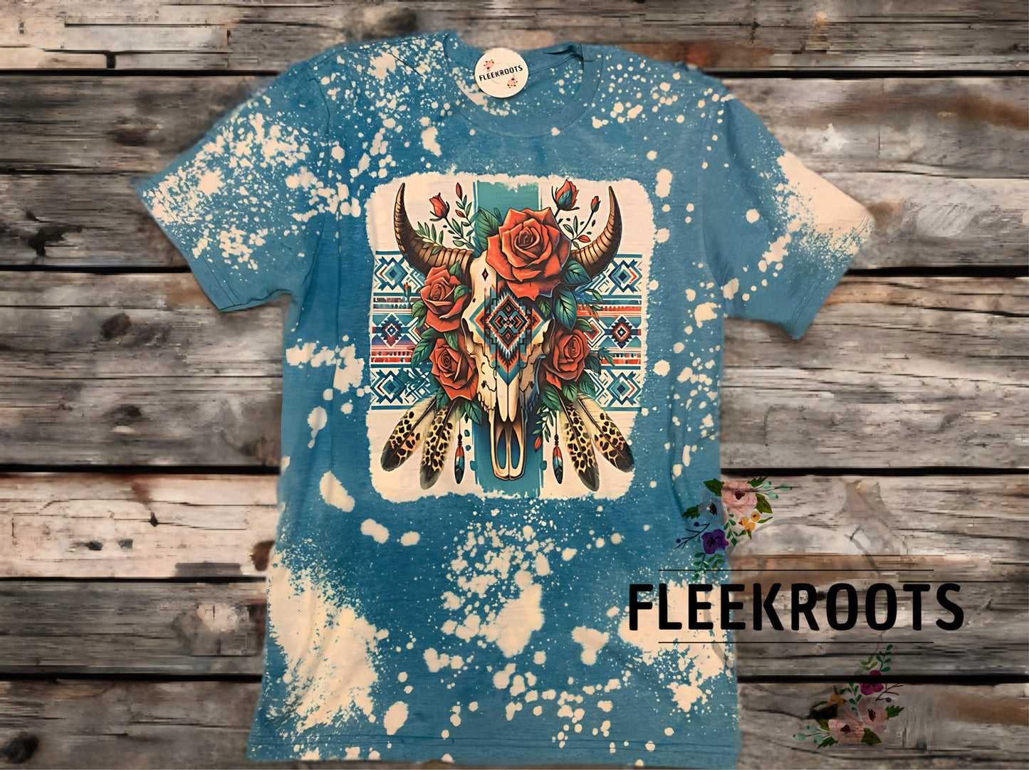 Western Aztec Cow Skull with Roses…Bleached Sublimated T-Shirt