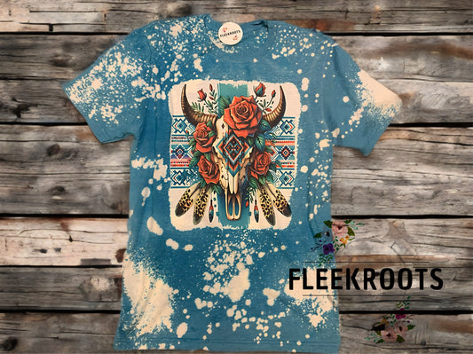 Western Aztec Cow Skull with Roses…Bleached Sublimated T-Shirt