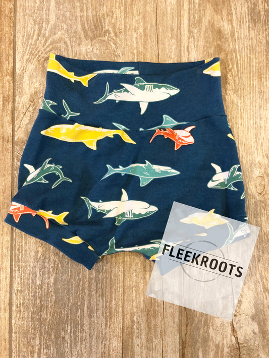 Boys Dark Blue with Colorful Sharks Shorties